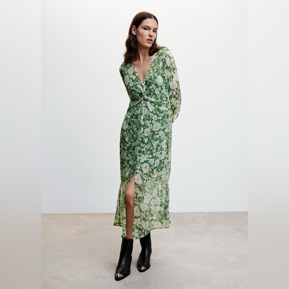 Mango Floral Printed Green Twist Front Dress Size S